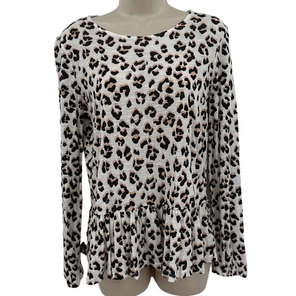 Lucky Brand Tops - Lucky Brand T-Shirt XS Women's White Pink Multi Animal Print Peplum Long Sleeve